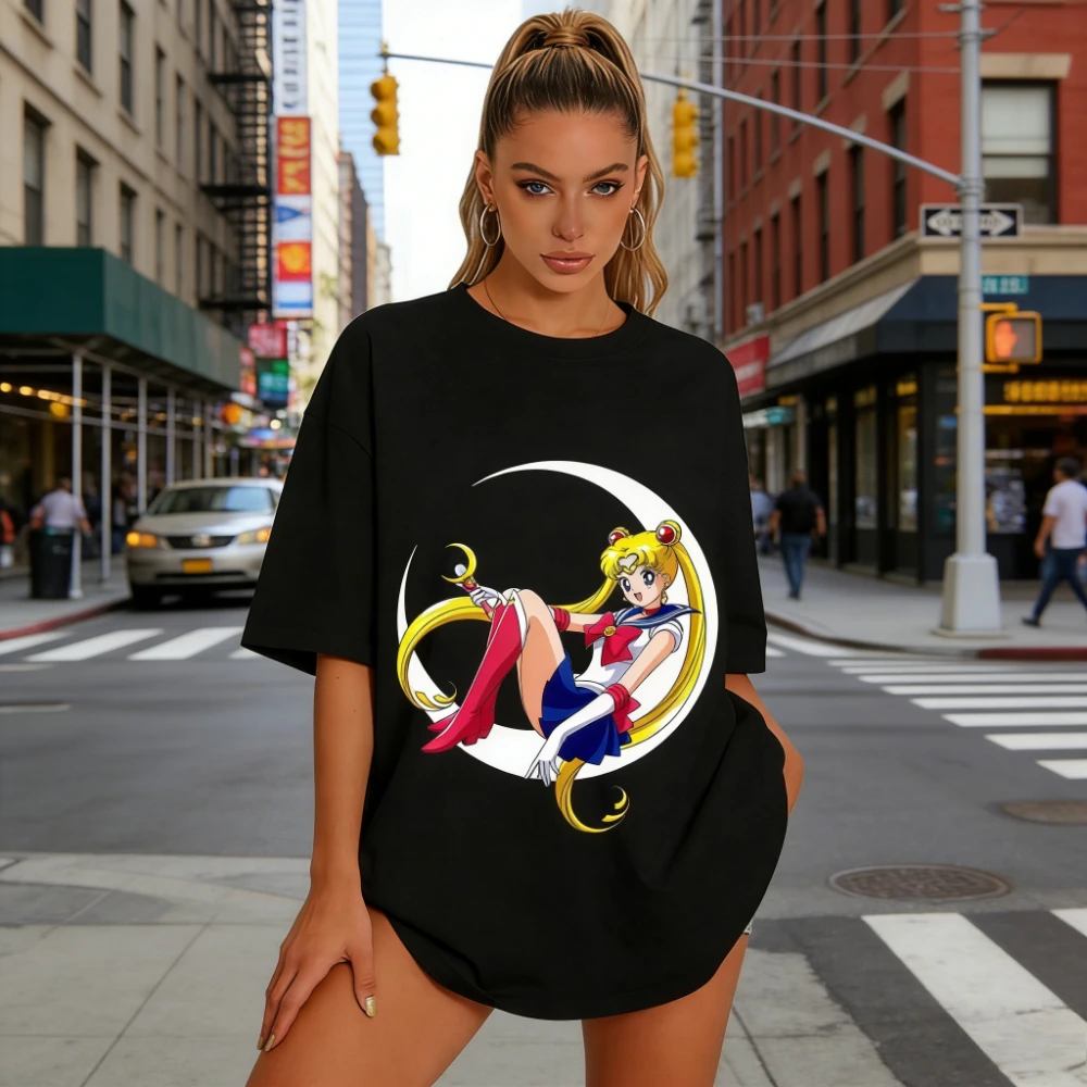 2026 Neues Sailor Moon auf der Mond sitzend Print T-Shirt Unisex Casual Tee für Herren Damen Kinder Familie Partnerlook Streetwear Tops Sommer
