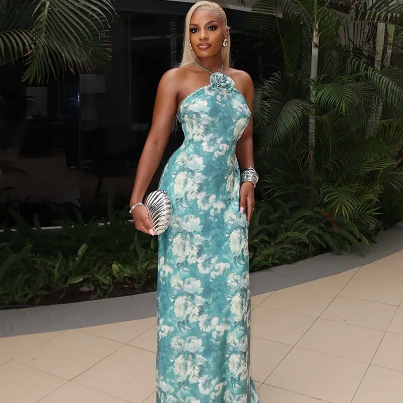 مثير الطباعة Bodycon فستان ماكسي المرأة أنيقة الرسن يزين أكمام عارية الذراعين Strecth سليم ملهى ليلي فستان طويل ثوب