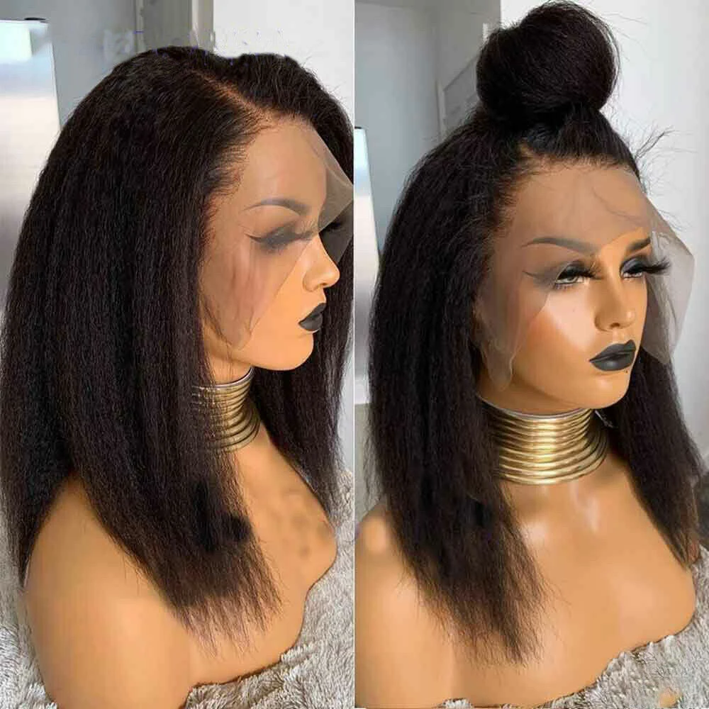 Short Kinky Straight 4x4 Lace Closure Wig Pre Plucked Natural Hairline Bob Yaki Straight Wig 13x4 Lace Frontal Human Hair Wigs