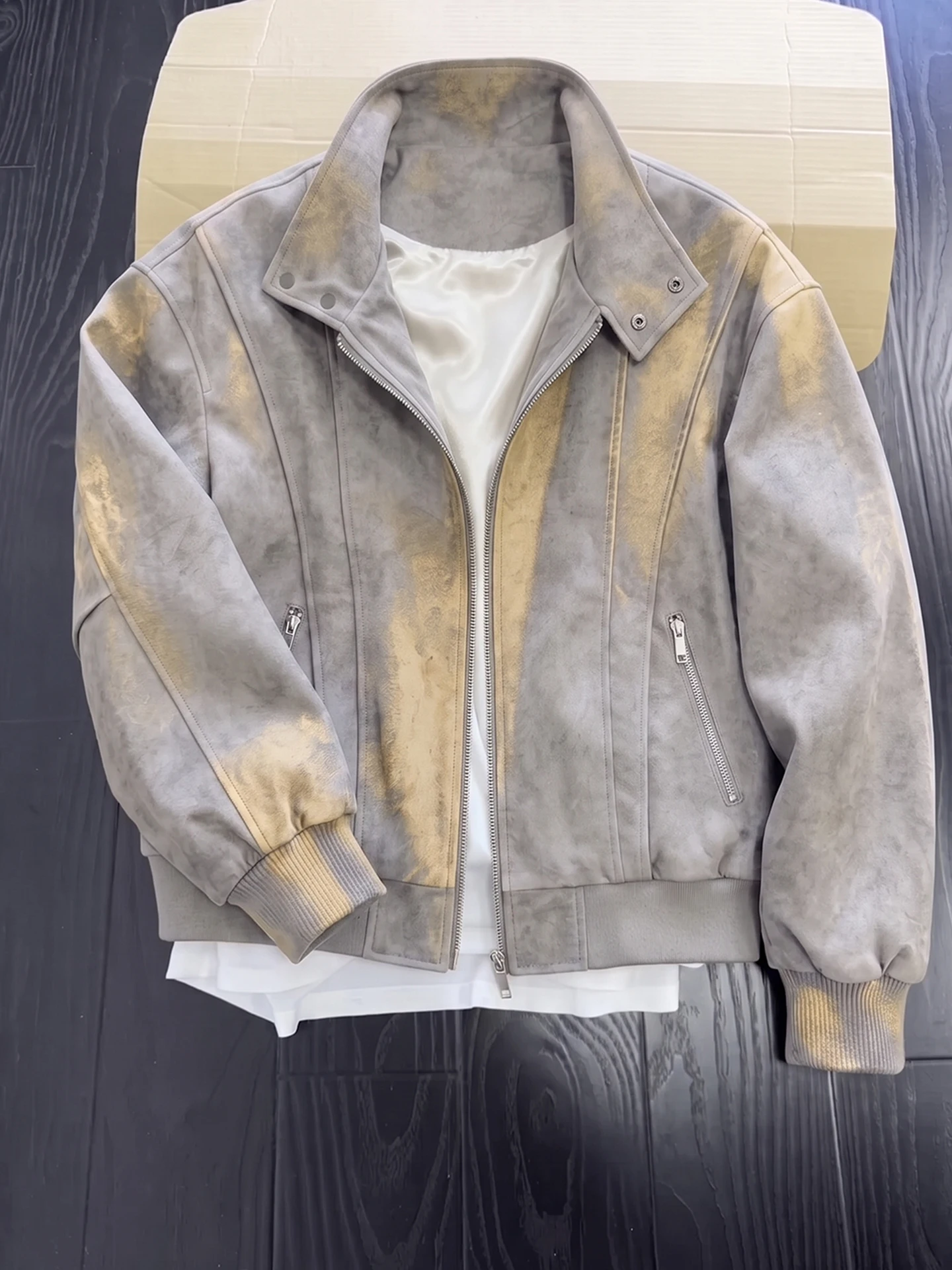 Caramel Mermaid Dye Leather Jacket Men's Style Autumn Boxy Deconstructed Patchwork Stand Collar Baseball Uniform High-End Fee...