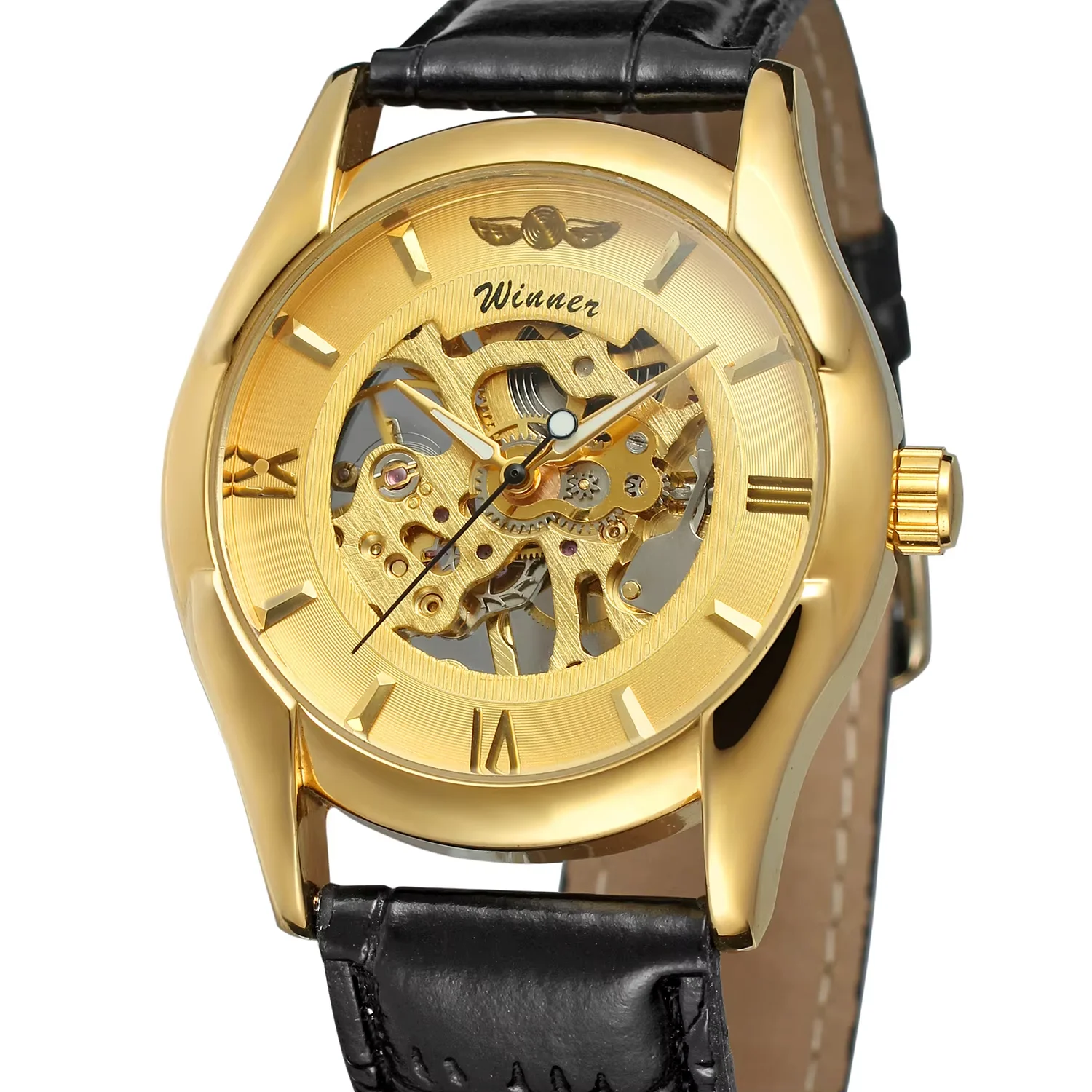 WINNER WATCH Trendy fashion casual men's watch hollow design gold dial and case black leather strap automatic mechanical watch