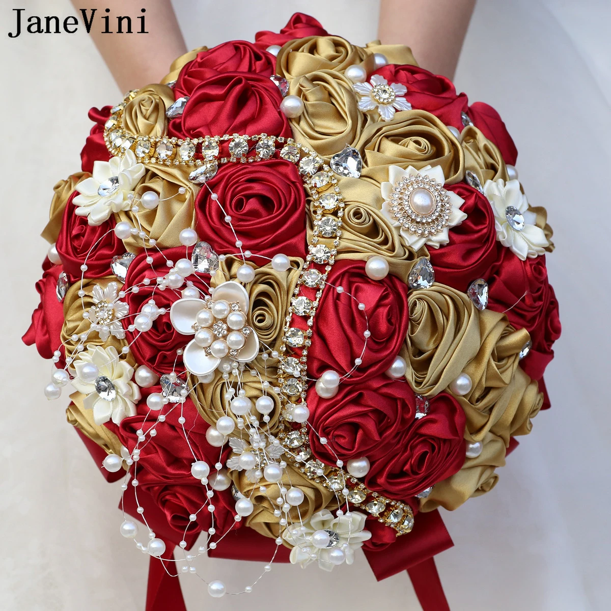 

JaneVini Luxurious Pearls Bridal Bouquet Burgundy Gold Handmade Wedding Bouquet for Bride Holding Flowers Satin Bruids Boeket