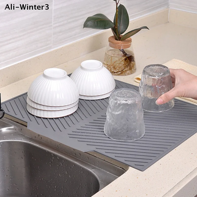 【R】【HMA73】Dish Drying Mat-Silicone Drying Pad For Kitchen Counter, Non-Slip Drain Pad High-temperature Resistant Kitchen Gadget