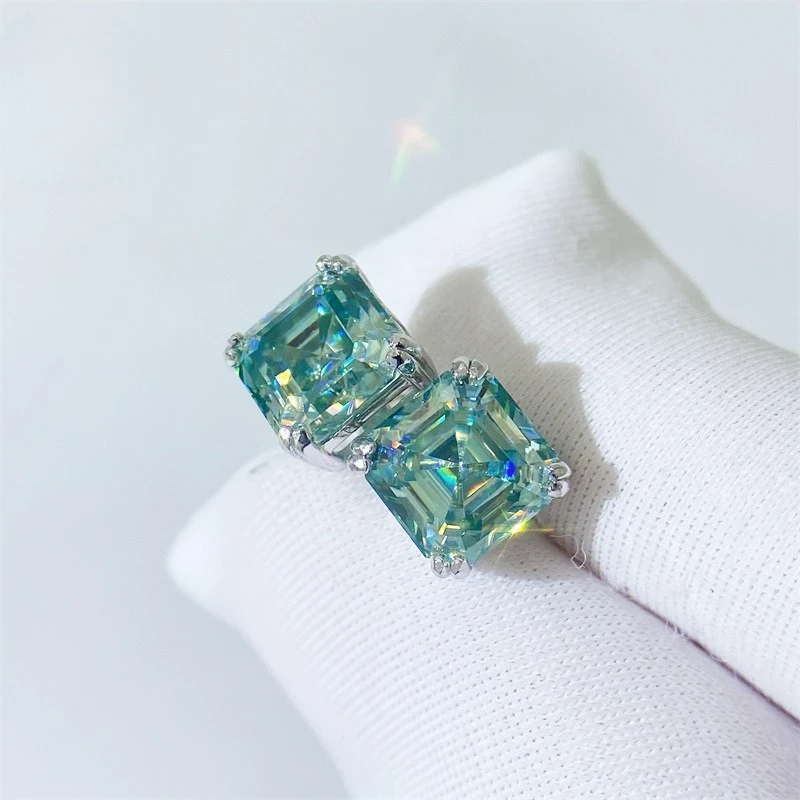 S925 Silver Teal Moissanite Pagoda Cut VVS Earrings, Hip Hop Stud Jewelry, Lab Grown Diamond Alternative Ear Accessories