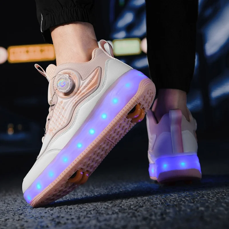 

New Parkour With LED Roller Shoes Fashion Men 4-Wheel Retractable Sneakers With Wheels Unisex Roller Skates Casual Shoes