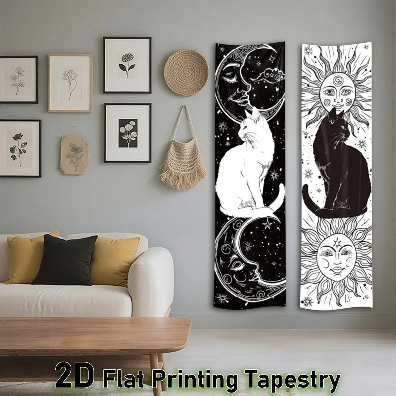 VIKAMA Dark Sun Moon Cat Tapestry Edgy Wall Art for Bedroom Dorm Living Room - Mystical Transformative Decor