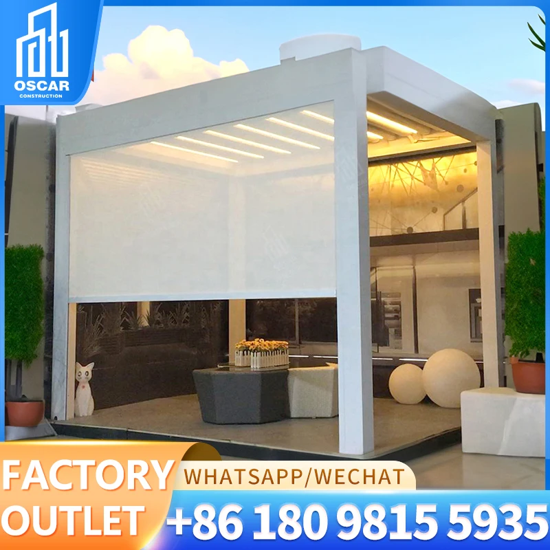 Motorized Grey Sunroom Louvre Gazebo Aluminum Pergolas with LED Lights