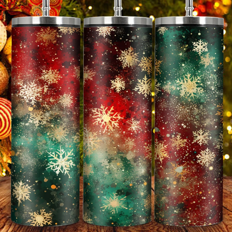 1Pc Water Mug Straw Lid 20oz Stainless Steel Insulate Coffee Bottle Print Snowflake & Colorful Bottle Xmas Party Gifts Supplies