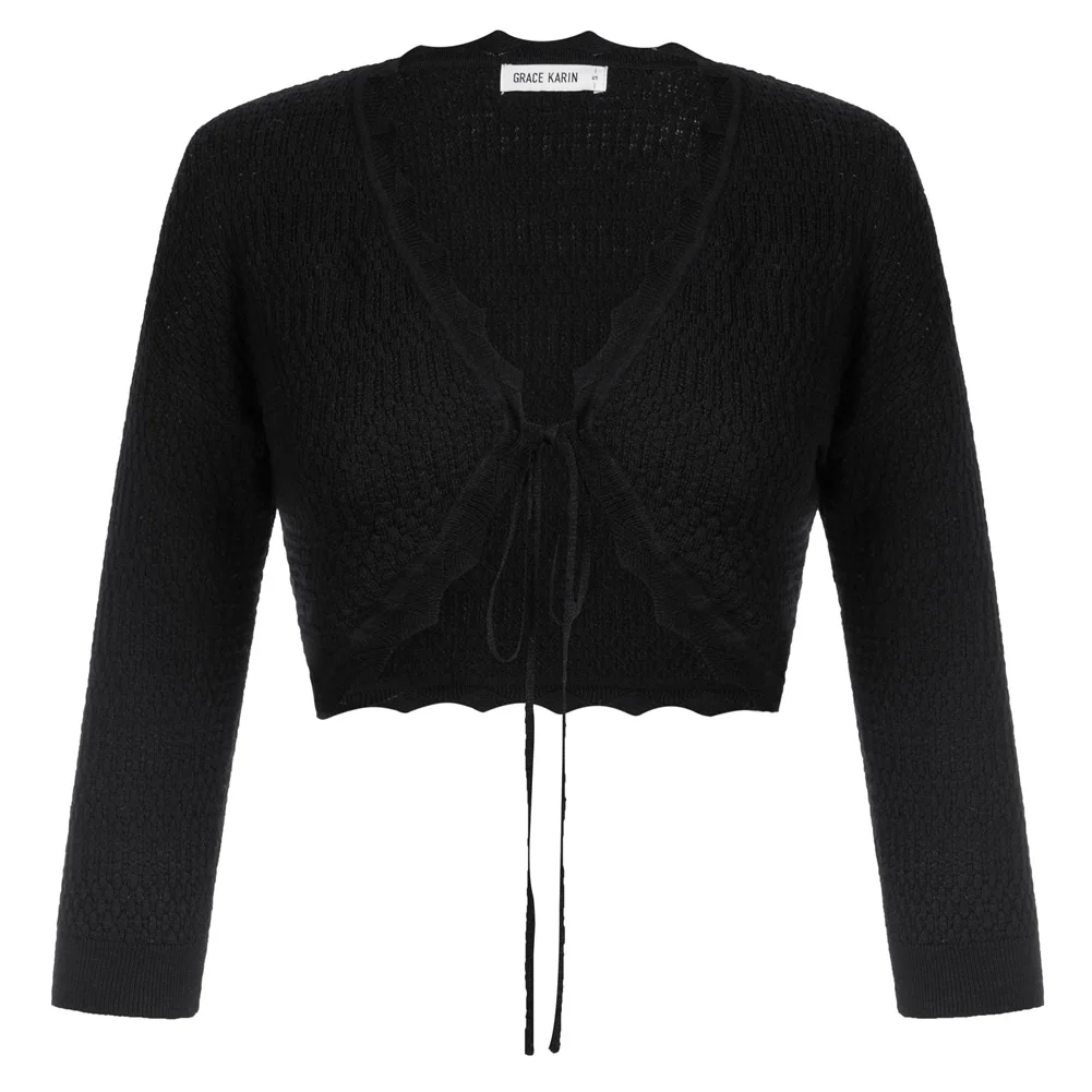 GK Frauen Strukturierte Cropped Strickjacke 3/4 Hülse Krawatte Vorne Strick Zucken Für Kleider Tops Taste Unten Leichte, Weiche Pullover A30