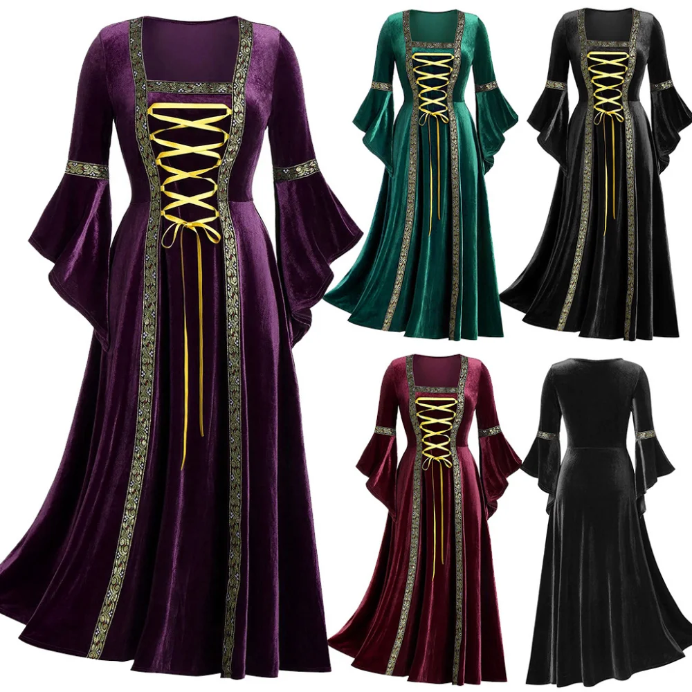 Vestido largo hasta el tobillo de terciopelo para mujer, manga de campana renacentista de cuello cuadrado, bruja Medieval, victoriana, Cosplay, disfraces