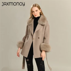 Jaxmonoy Women's Wool Coat with Real Fur Autumn Winter Fashion Elegance Medium Length Cashmere Blend Long Coats Ladies Outerwear