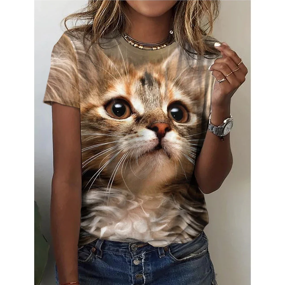 2024 New Fashion Women\'s T-shirt 3D Cute Kitten Print Short Sleeve Top Harajuku Animal Pattern Short Sleeve Street T-shirt Loose