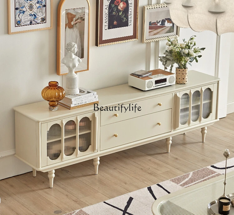 

Solid Wood TV Cabinet French Cream Style Living Room White Retro American Small Apartment Locker