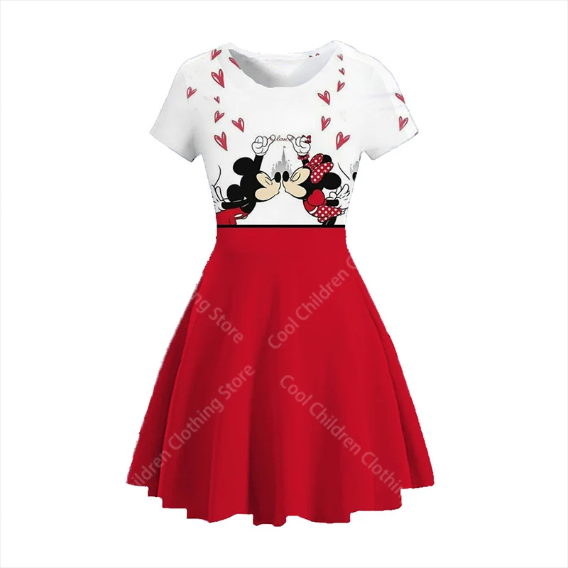 MINISO Disney Girl Dresses Summer 3D Cartoon Mickey Mouse Minnie Short Sleeve Cute Birthday Party Princess Dress Toddler Clothes