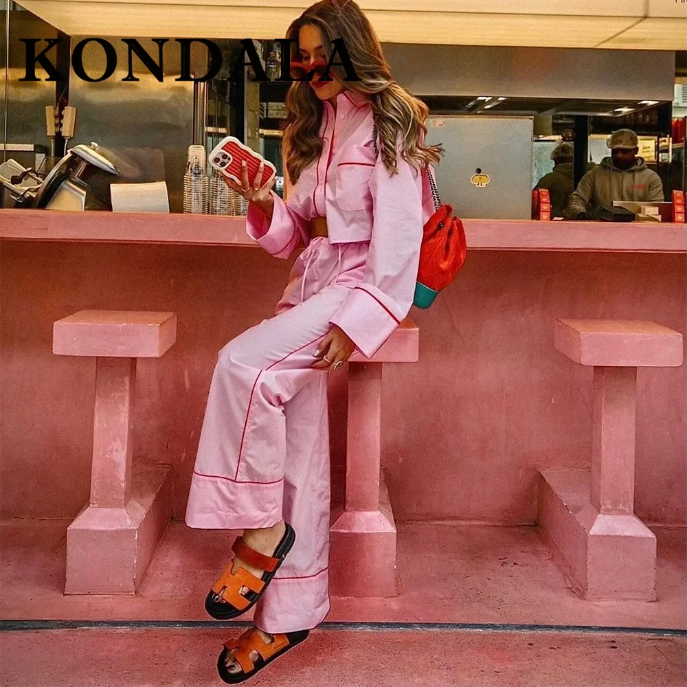 KONDALA 2025 Spring Summer Casual Striped Suit Fashion PATCHWORK Turn Down Collar Streetwear Short Shirt+Elastic Waist Long Pant