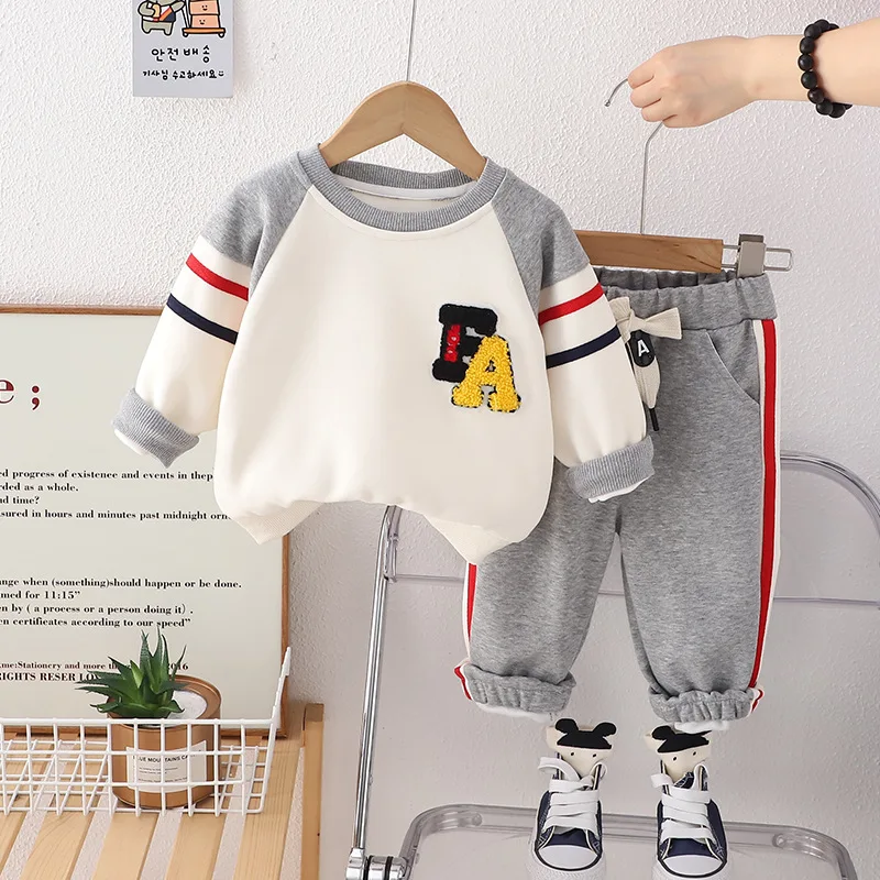 Spring Autumn Kids Boys 2PCS Clothes Set Cotton Striped Letter Pullovers Elastic Waist Pants Suit Toddler Boys Outfits