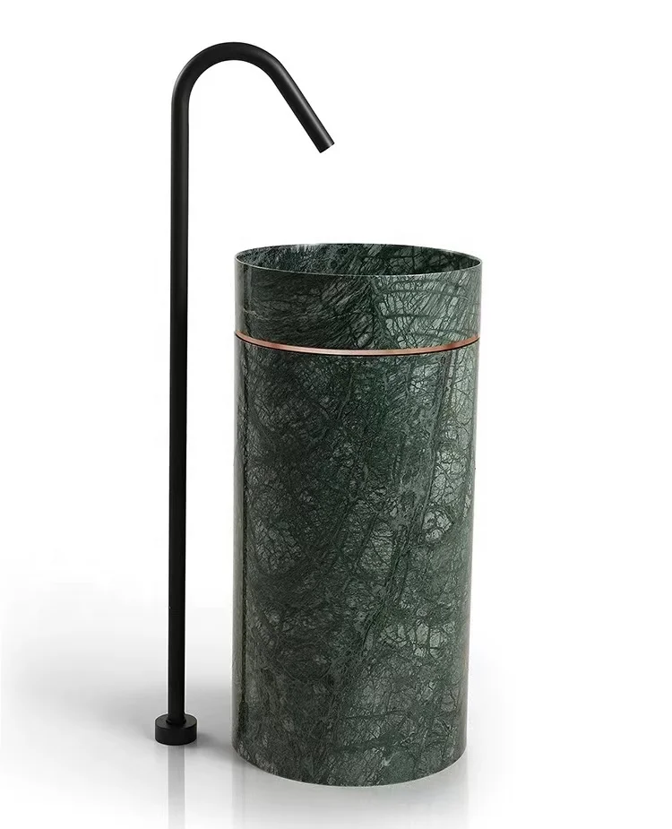 S*& Luxury Modern Green Stone Pedestal Sink with Golden Stainless Steel Ring Polished Finish Hotel Use Drainer