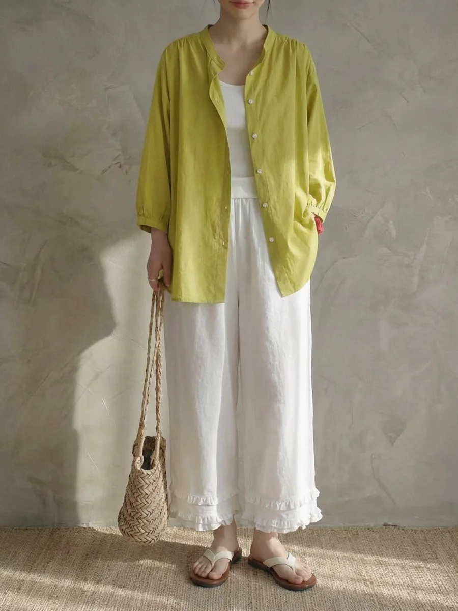 

Casual Versatile Loose Slimming round Ne irt Women's Top Comfortable Breathable Cotton Commute Sle Seven Sve Length