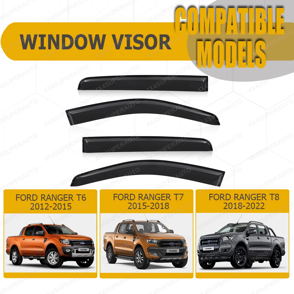 Window Deflector Rain Guard For Ford Ranger 2012~2022 Wildtrak Raptor XLT XL T6 T7 T8 Side Window Deflectors Smoked Black 4PCS