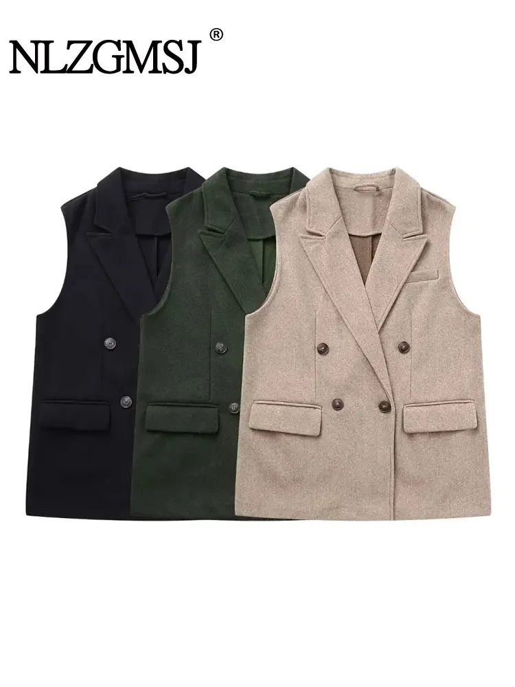 

Nlzgmsj TRAF Women Vintage Long Vest Coat Sleeveless Double Breasted Tricolor Office Classic Suit Collar Simplicity Waistcoat