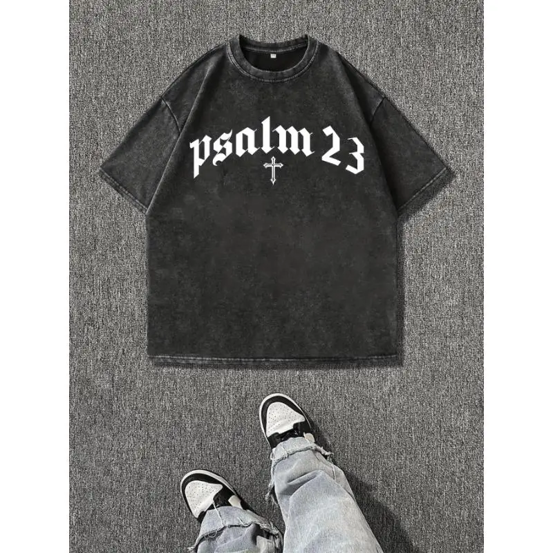 

Men Washed Oversized Psalm 23 T-Shirt Christian Bible Verse Graphic Tee Gothic Cross Faith Apparel Streetwear Casual Top Gift