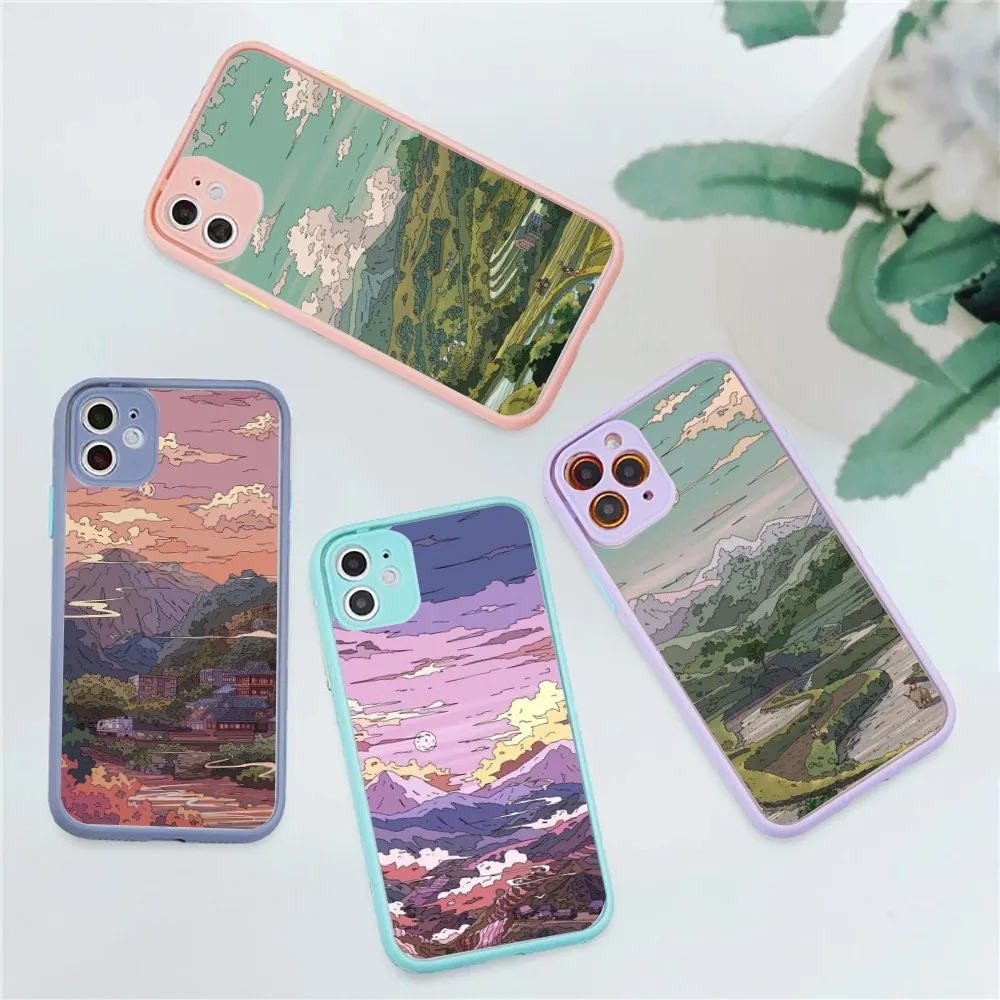 Japanese Anime Hand Painted Scenery Phone Case For IPhone 14 11 12 13 Mini Pro Max 8 7 Plus X XR XS MAX Translucent Matte Cover