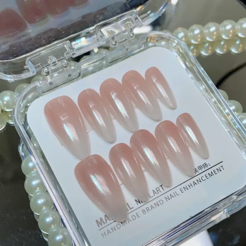 10 Stück handgemachte künstliche Nägel mit Mandel-Farbverlauf und französischem Design, tragbare künstliche Nägel, einfache vollständige Abdeckung, zum Aufdrücken der Nägel, Tipps, Kunst