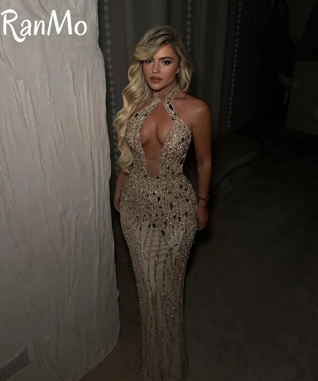 

Ranmo Иллюзионное вечернее платье русалки с лямкой на шее без рукавов и кристаллами из бисера, платья для выпускного вечера, роскошное вечернее платье длиной до пола по индивидуальному заказу