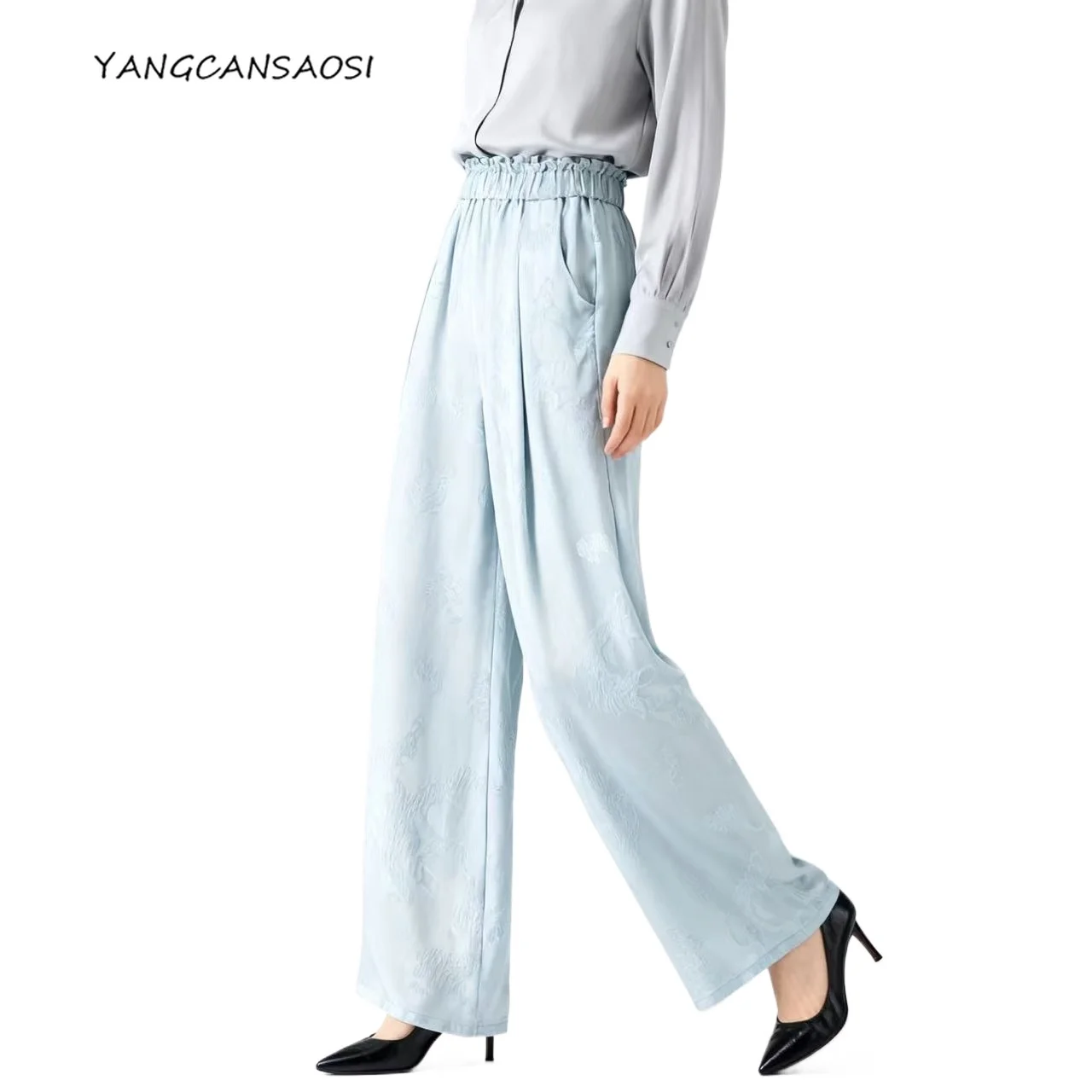 

2025 Women's Fashion Early Autumn New 100% Natural Mulberry Silk GuanLe Satin High Waist Casual Aqua Blue Wide Leg Pants