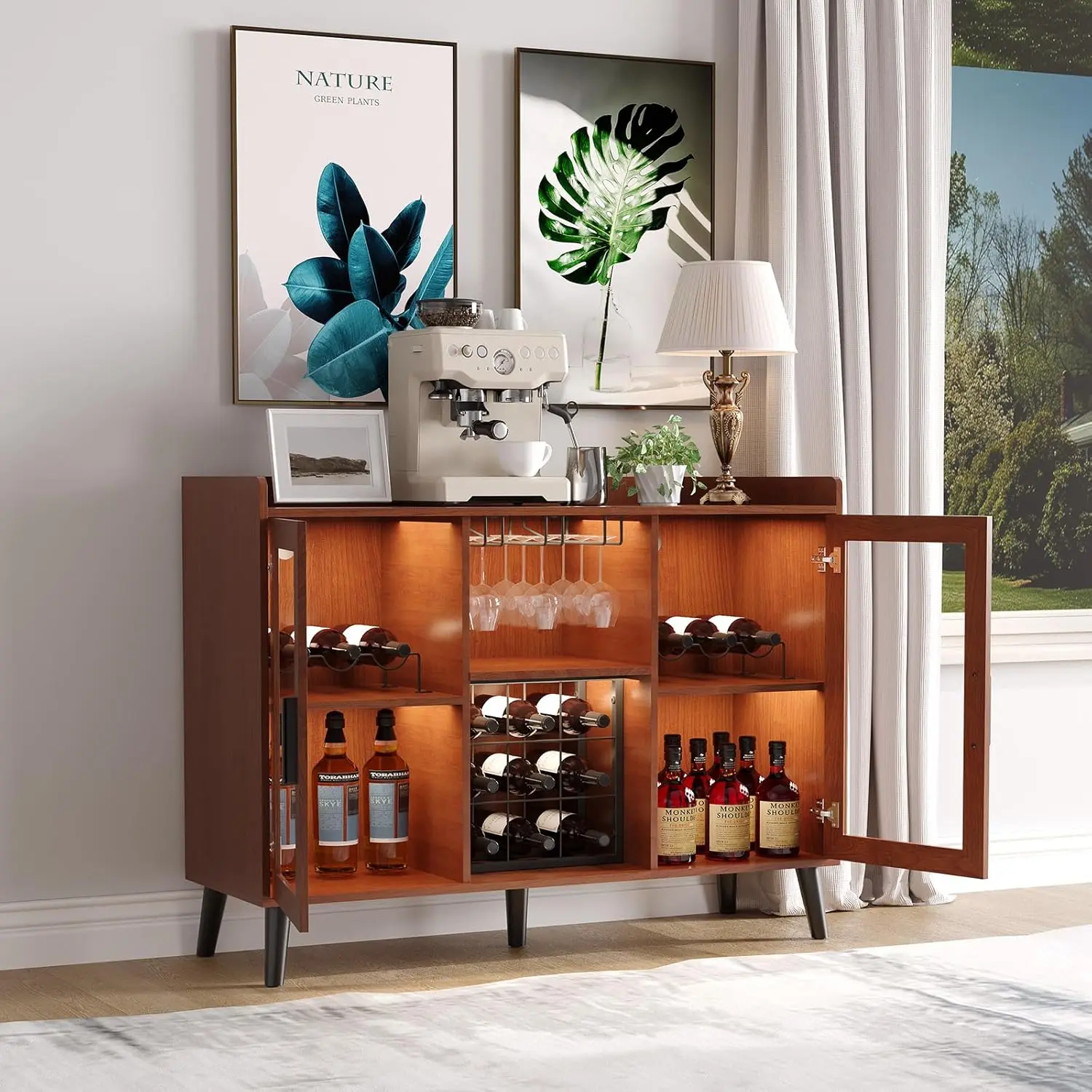 

Modern Wine Bar Cabinet with LED Light, Wood Kitchen Coffee Bar Home Liquor Cabinets with Glass Holder and Storage