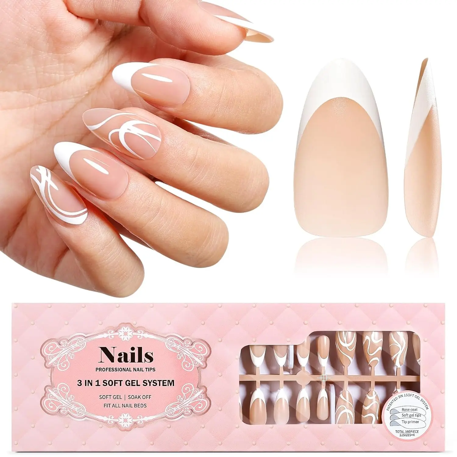 

Gellen Milky Pink Short Soft Gel Nail Tips 160 Pcs French Manicure Press On Nails 15 Sizes False Nail Extensions DIY Nail Art​