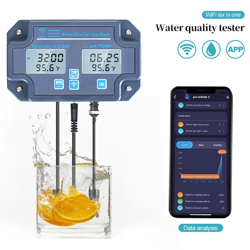 

Wifi 6 in 1 Water Quality Tester EC TDS SALT G.S Temp PH Meter Digital Water Detector APP Smart Control Online Remote Monitoring