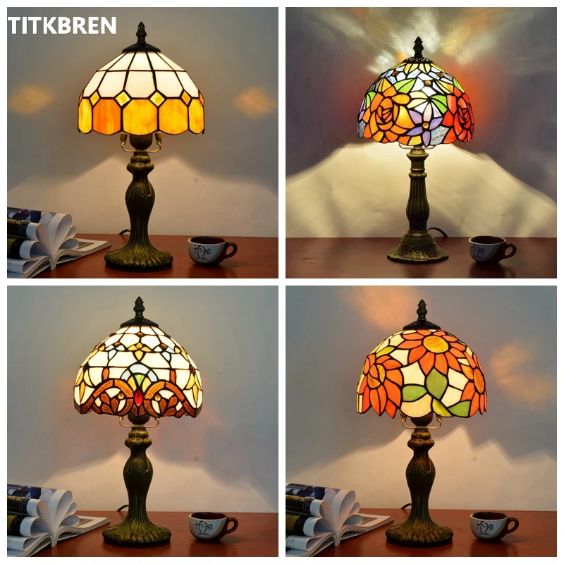 Tiffany Stained Glass Table Lamps Creative Baroque Mediterranean Rose Sun Flower Morning Glory Shade Bedroom Beautiful Lighting