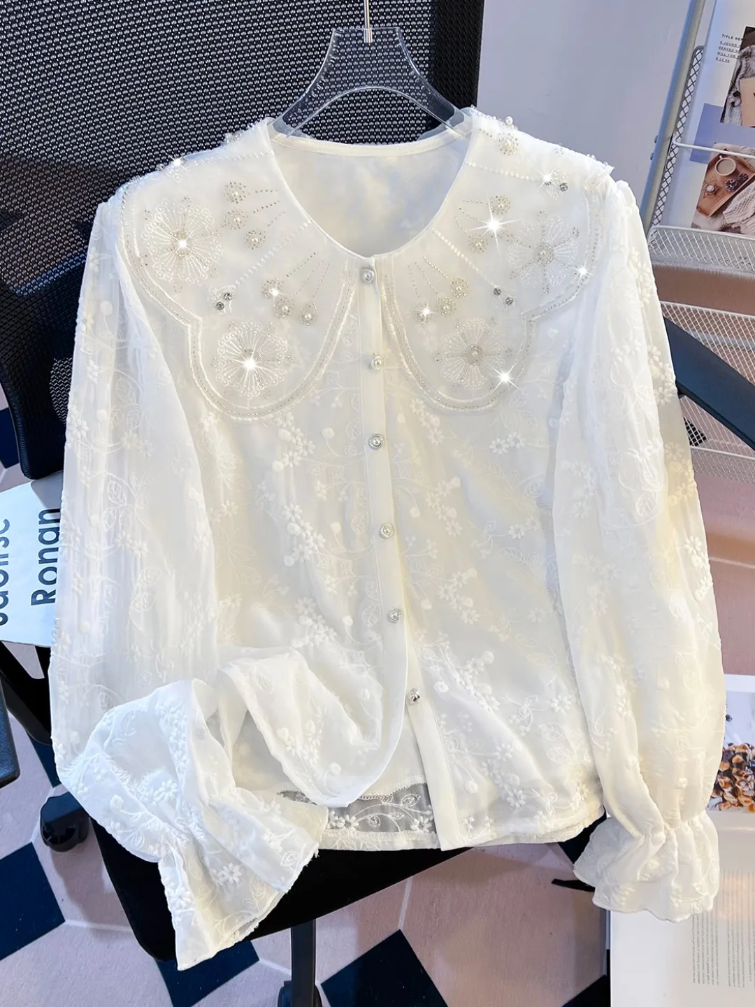 

Ele Doll Collar Long Sve Women's irt New Spring Design Heavy Embroidery Sweet Top Loose Fit Button Detail