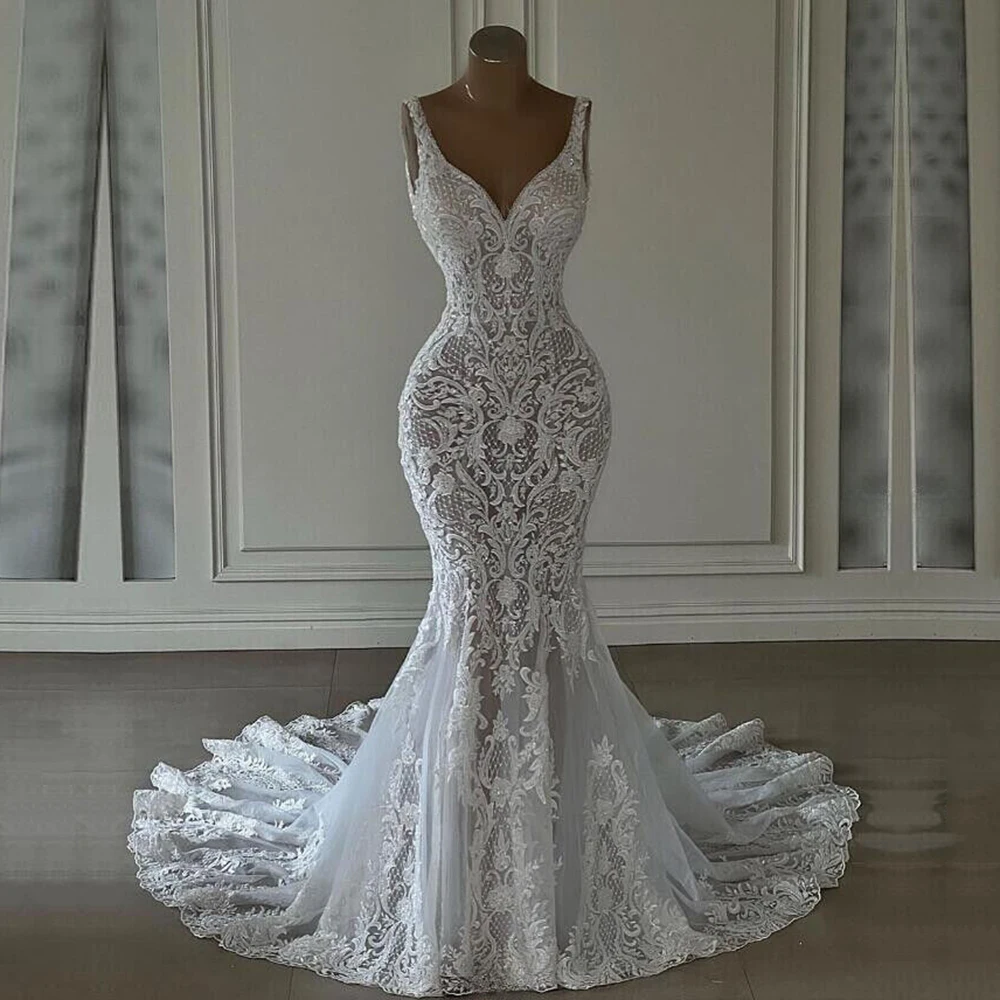 Robe de mariée sirène sexy avec appliques de dentelle, robe de mariée longueur au sol en fibre, col en V, sur mesure, luxe, 2024