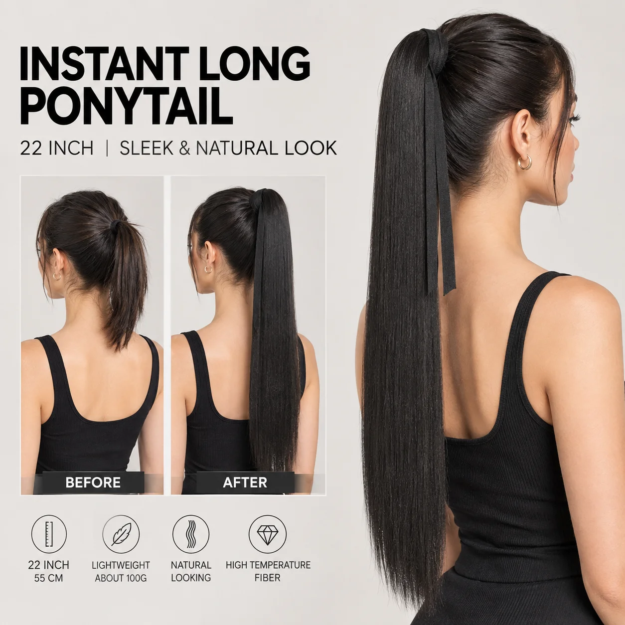 22 Inch Long Straight Ponytail Extension 1B Black Wrap Around Tie On Synthetic Hairpiece Smooth High Temperature Fiber for Women