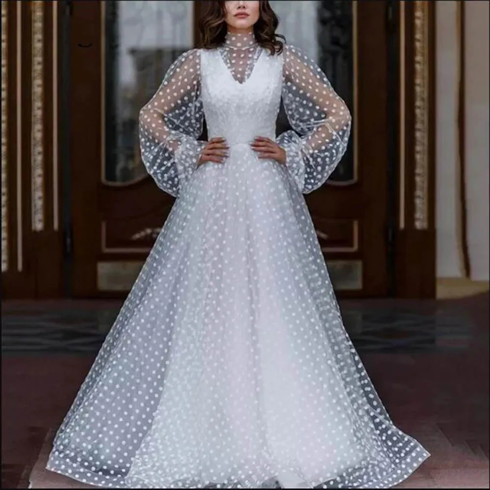 

Elegant White Tulle Evening Gowns Polka Dotted Puff Long Sleeves High Neck Illusion A Line Floor Length Party Prom Dresses