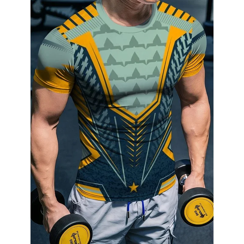 Men's quick-drying compression shirt, elastic short sleeve, geometric print of green and yellow stars.