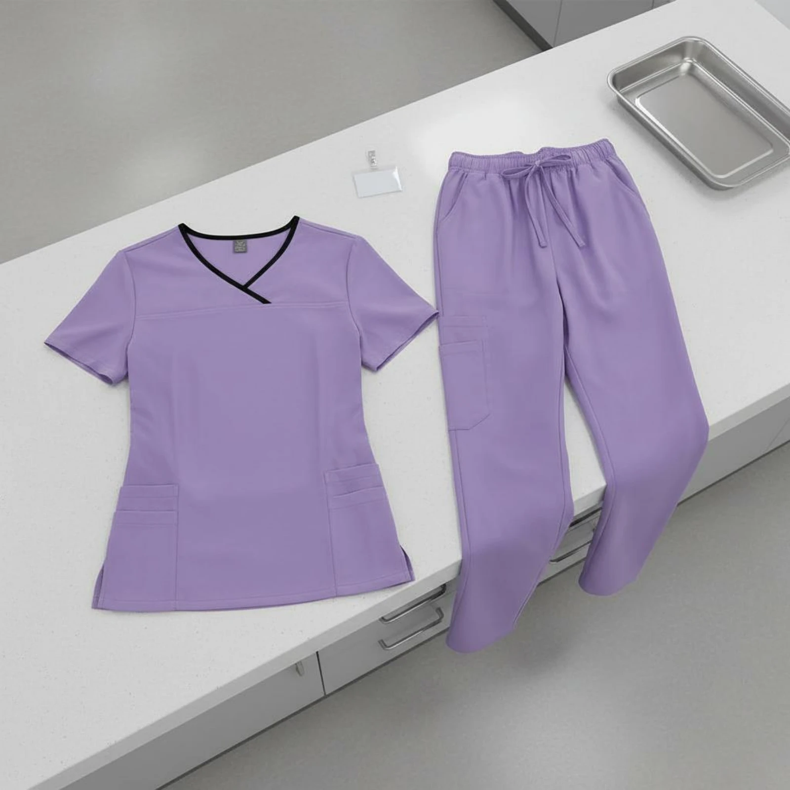 Crossover Neck Scrub Set Multiple Pockets Short Sleeve Nursing Work Attire Two-Piece Medical Workwear Drawstring Waist Scrubs