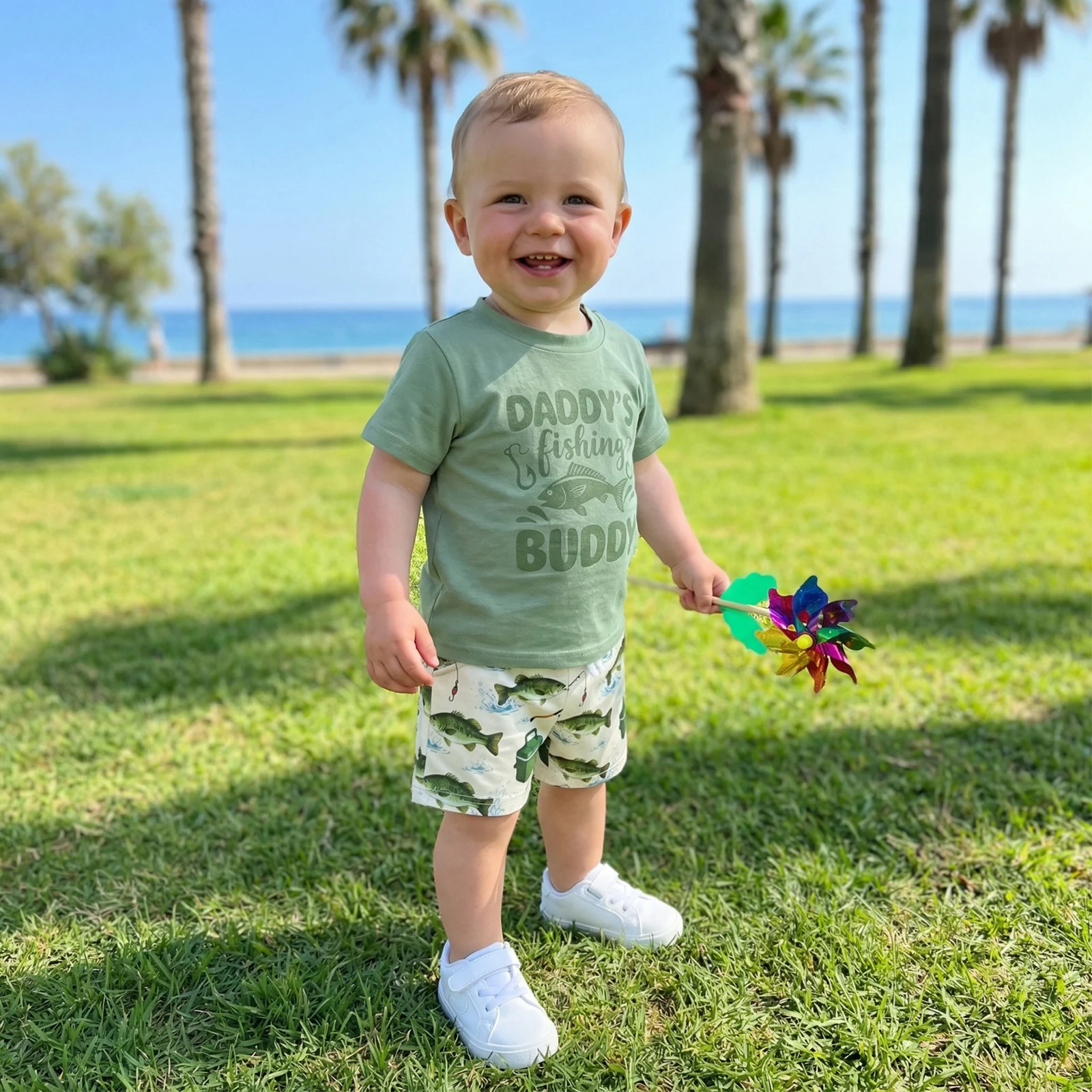 Toddler Boy Summer Outfit Letter Print Short Sleeve Crew Neck T Shirt Fish Pattern Shorts 2 Piece Set