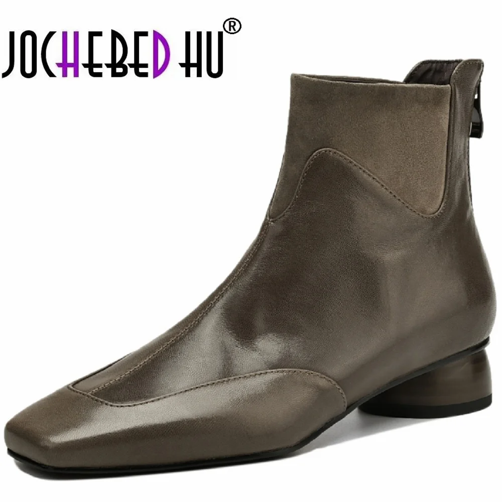 

【JOCHEBED HU 】Women's Handmade Brand Genuine Leather Casual Shoes Modern Boots Sexy Chunky Heel Shoes Zip Short Booties 34-41