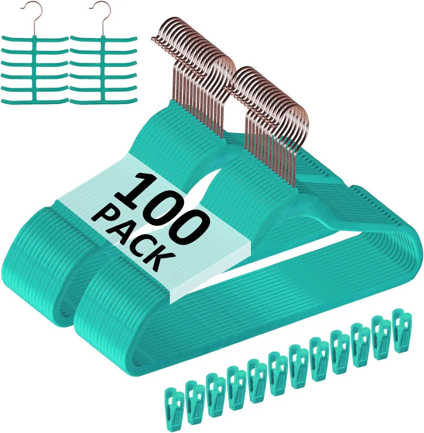 Premium Velvet Suit Hangers Heavy Duty (100 Pack) - Non Slip & Space-Saving Clothes Hangers with 12 Finger Clips & Women (Teal)