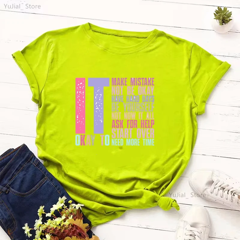 Retro It'S Okay To Make Mistakes Be Yourself , Mental Health ,Trendy Women T-Shirt Art Design Female Tshirt Summer Shirt Tops