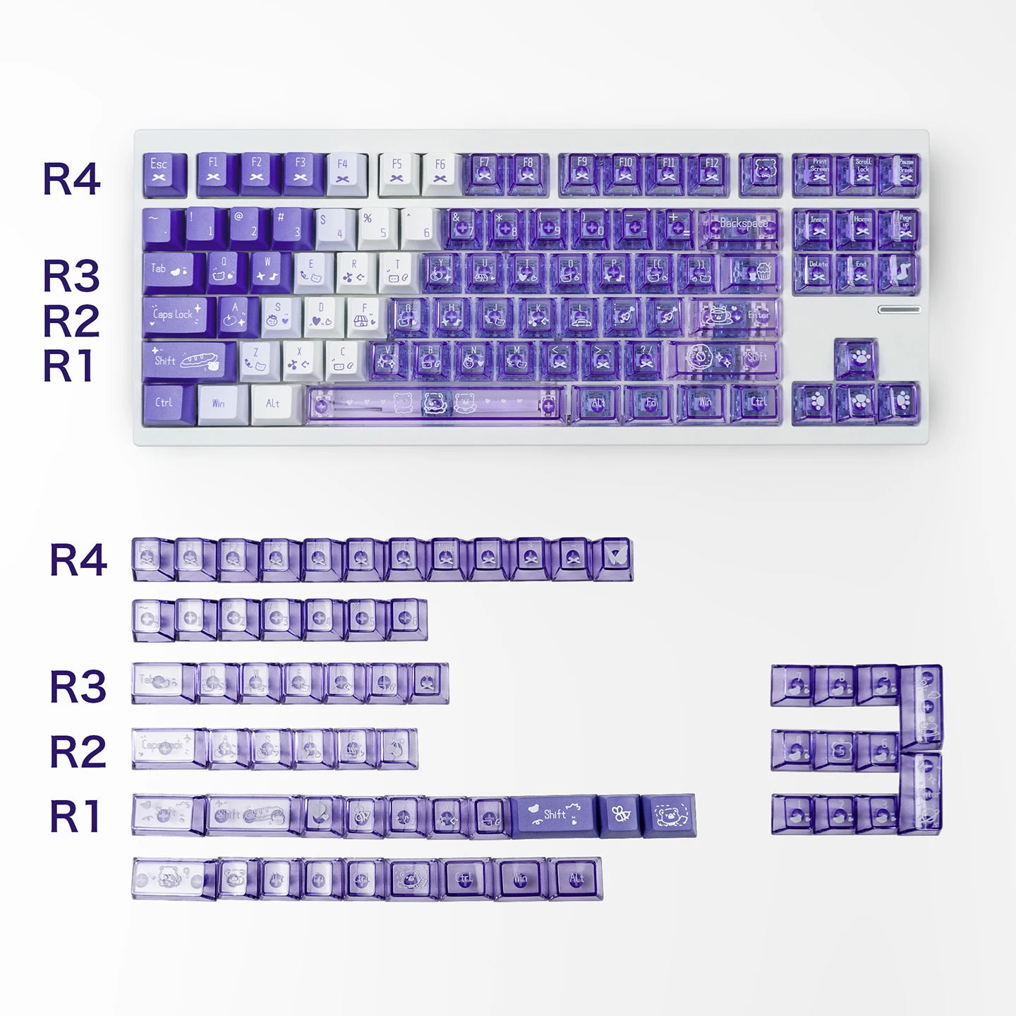 

150-клавишные градиентные фиолетовые колпачки для клавиш RGB, прозрачные милые колпачки для клавиш из ПК + ПБТ, колпачки для клавиш Cherry Profile Dye-Sub для механической клавиатуры