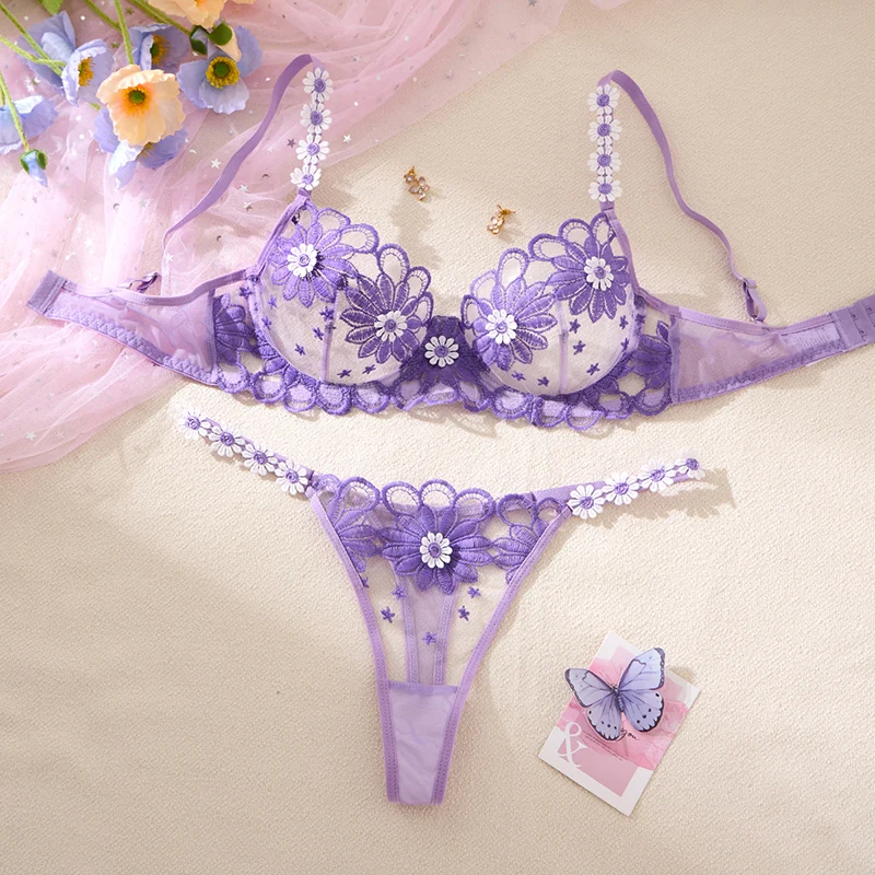 

Romantic Lingerie Set Sexy Hot Mesh Underwear Beautiful Floral Embroidery Erotic Lingerie Intimate See Through Bra and Panty Set