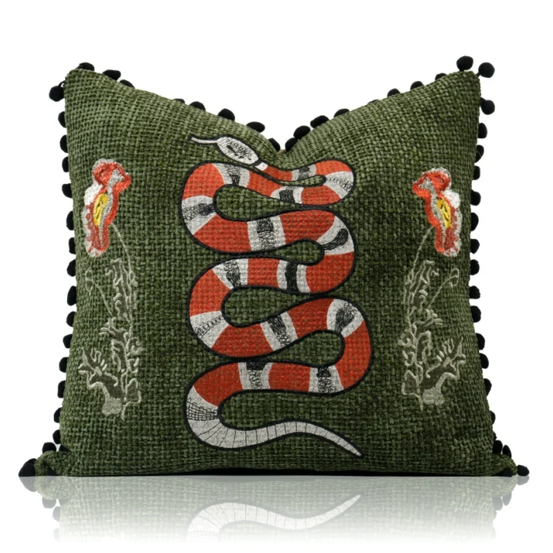 

Snake Embroidery Pillow Retro Flora Cushion Case Green Decorative Pillow Cover For Sofa Chair Home Decorations