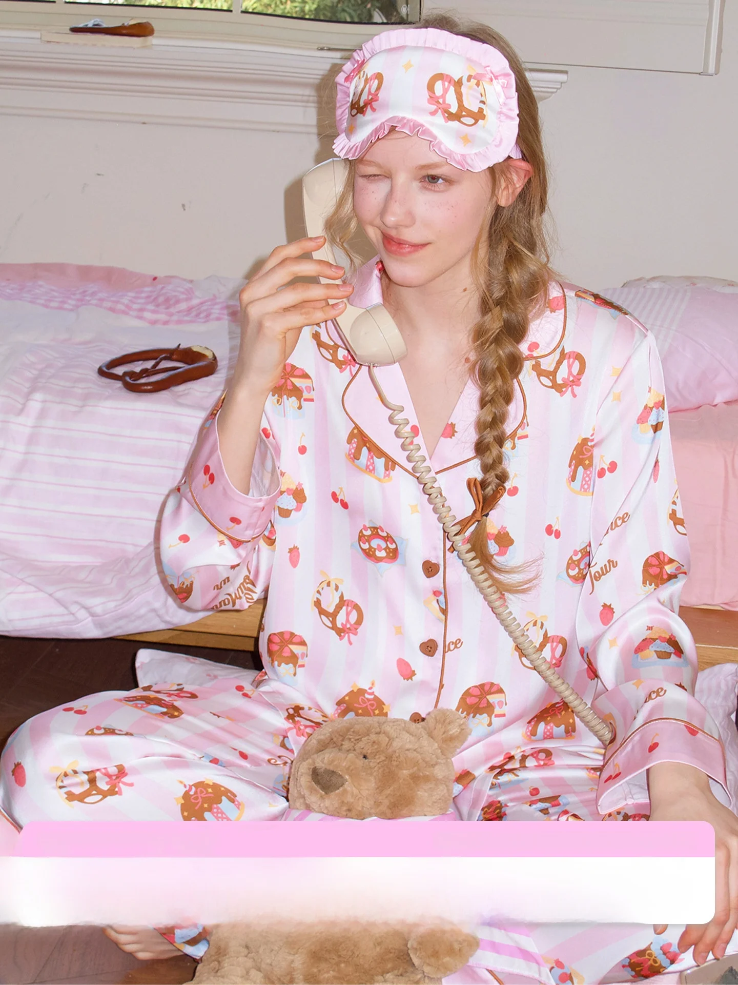 Original RooMance Summer Ice Silk Pajamas Women's Home Wear Set Striped Comfortable Long Sleeve Sleepwear Suitable for Outdoor