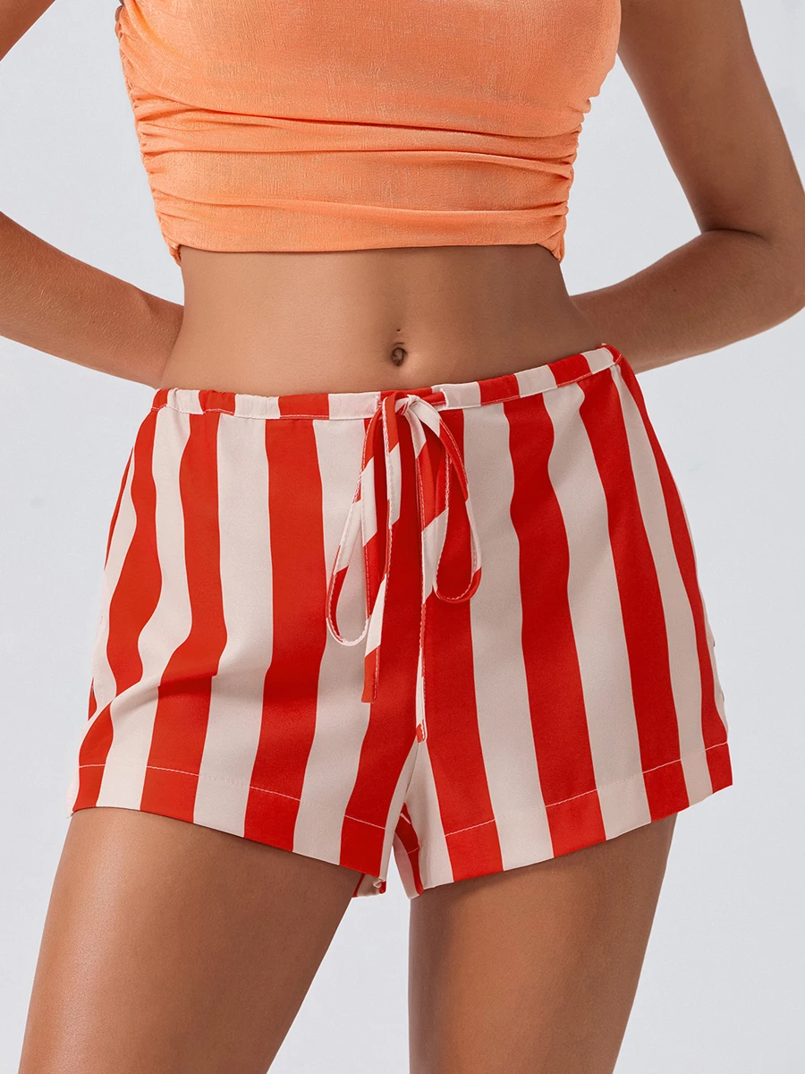 Women Striped Boxer Shorts Y2k Drawstring Low Elastic Lounge Shorts Baggy Pajamas Shorts Sleep Micro Shorts Bottom