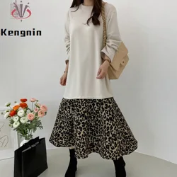 Women's plus Size 5XL Autumn Winter T-Shirt Dress Korean Fashion Thick Knitted Patchwork Leopard Print Long Sleeve Robe