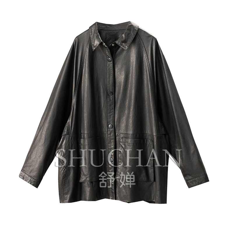 Oversized Jacket Women Casual Tanned Sheepskin Bat Sleeve Leather Jacket Women 77B7 Abrigos Mujer Invierno 2025